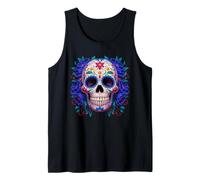 Purple Floral Black Sugar Skull Day of The Dead Mexican Art Camiseta sin Mangas