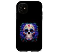 Purple Floral Black Sugar Skull Day of The Dead Mexican Art Carcasa para iPhone 11