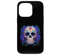 Purple Floral Black Sugar Skull Day of The Dead Mexican Art Carcasa para iPhone 13 Pro