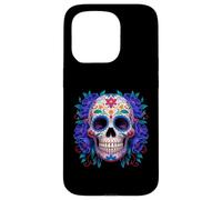 Purple Floral Black Sugar Skull Day of The Dead Mexican Art Carcasa para iPhone 15 Pro