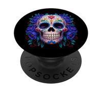 Purple Floral Black Sugar Skull Day of The Dead Mexican Art PopSockets PopGrip Adhesivo