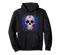 Purple Floral Black Sugar Skull Day of The Dead Mexican Art Sudadera con Capucha