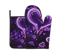 Purple Love - Juego de 2 guantes de horno y soporte para ollas, resistentes al calor, antideslizantes, guantes de cocina y almohadilla para hornear, cocinar, asar a la parrilla