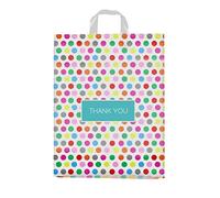 Purple Q Crafts Bolsa de agradecimiento con estampado de lunares, paquete de 50 unidades de 15 x 18 pulgadas, bolsa de compras esmerilada suave con refuerzo para mercancías, boutiques (15 x 18