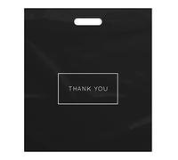 Purple Q Crafts Bolsas de compras grandes de plástico con logotipo de agradecimiento de 16 x 18 pulgadas, bolsas de boutique con asas para mercancía, regalos, Negro -, 50 Pack