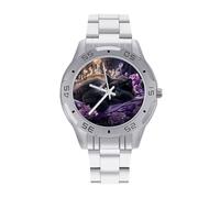 Purple Rose and Cat - Reloj analógico de cuarzo para hombre, correa de acero inoxidable, reloj de pulsera de negocios