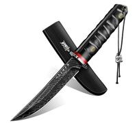 PURPLEBIRD Cuchillo de Acampada Negro de Acero al Carbono, alta Dureza y Afilado, Cuchillo para Exteriores con Funda de ébano para Caza, Senderismo, Regalo para Hombres