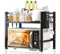 Purpledi Soporte Extensible para Microondas de 2 Niveles, Soporte para Microondas y Horno Cocina con 6 Ganchos, Soporte Microondas Extensible para Encimera de Cocina, 37-61 cm, Negro