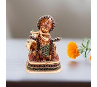 Purpledip Brass Statue Lord Krishna & Cow: Rare Idol with Glittering Semi-Precious Stones | Hindu Religious Gift (11450)