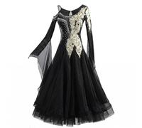 purpleq Vestido de Baile de Salón con Cristales Encaje Asimétrico Vestido Largo de Vals Moderno para Competición Estándar Traje de Rendimiento Fiesta Espectáculo Mujer,Negro,S