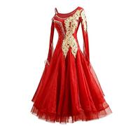 purpleq Vestido de Baile de Salón con Cristales Encaje Asimétrico Vestido Largo de Vals Moderno para Competición Estándar Traje de Rendimiento Fiesta Espectáculo Mujer,Rojo,L