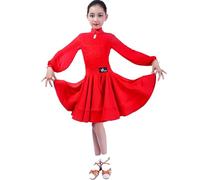 purpleq Vestido de Baile Latino para Niñas con Cuello Qipao y Mangas de Linterna para Tango, Salsa y Cha Cha Profesional,Rojo,M