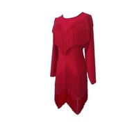 purpleq Vestido de Competencia de Baile Latino para Mujeres con Flecos, Mangas Largas, Flecos, Vals, Cha Cha, Rumba, Falda de Práctica de Salón,Rojo,L