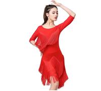 purpleq Vestido de competición Latino de Mujer con Flecos, Flecos de salón, Tango, Salsa, vals, Rumba, cha cha, Falda de práctica,Rojo,L