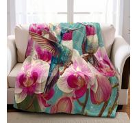 PúRpura Manta para Cama Flores orquídeas y colibríes 180 x 220 cm Manta de Franela con Impresión 3D, Felpa Suave para Sofá y Colcha para Adultos y Niños