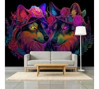 Púrpura oscuro papel pintado panorámico no tejido 400 x 280 cm, arte fantástico animal lobo rosa bosque mural para dormitorio, oficina, sala de juegos, color morado y papel pintado panorámico fácil de