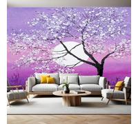 PúRpura Papel Pintado Pared Panorámico Cerezos en flor bajo la luna 250 x 175 cm Póster Gigante de Pared Personalizado 3D Para Sala de Estar, Adulto Habitación de Niños, Estudio