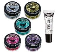 Purpurina Gruesa Biodegradable Eco de Moon Glitter - Purpurina 100% Cosmética Bio para Cara, Cuerpo, Uñas, Pelo y Labios - 3g Set de 5 - más Gel Fijador de Purpurina