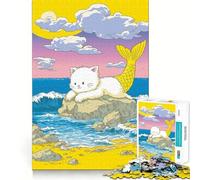 Purrmaid︰ Rompecabezas de Gato Sirena en la Playa para Adultos 1000 Piezas Recall Upgrade Peaceful Time Tight Cut Santa Wish List (38x26cm)