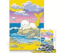 Purrmaid︰ Rompecabezas de Gato Sirena en la Playa para Adultos 1000 Piezas Recall Upgrade Peaceful Time Tight Cut Santa Wish List (38x26cm)
