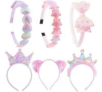 PUSABAOWO Diademas para niñas, paquete de 6 diademas con purpurina para niños, diademas con lazo de gato, corazón, estrella, corona, accesorios para niñas y adolescentes