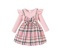 puseky Bebé Niña Vestido de Manga Larga Ruffle Plaid Vestido Bowknot Splicing Strap Dress Set Primavera Otoño Vestidos 18-24 Meses