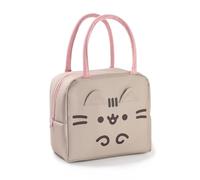 Pusheen Bolsa de almuerzo para mujer | Lonchera marrón y rosa para mujer | Estampado de gato con orejas 3D | Bolsa de almuerzo con cierre cultura pop con dibujos kawaii