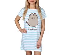 Pusheen Camisa de dormir de algodón a rayas azul y blanca para mujer L