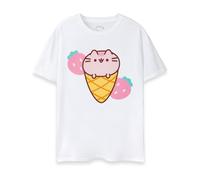 Pusheen Camiseta para Mujer | Camiseta gráfica de Manga Corta con Estampado de Gato y Helado para Mujer en Blanco | Ropa Animal Adorable del Gatito del Internet del Postre de la Fresa