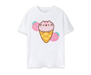 Pusheen Camiseta para Mujer | Camiseta gráfica de Manga Corta con Estampado de Gato y Helado para Mujer en Blanco | Ropa Animal Adorable del Gatito del Internet del Postre de la Fresa