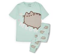 Pusheen Conjunto de Pijamas para niñas | Camiseta de Manga Corta Verde para Mujer Joven y Pantalones de Pierna Larga con Estampado Integral Pijama Completo | Pijama Cat Meow de Internet