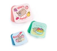 Pusheen Set de recipientes para golosinas para gatos en azul claro, rosa y verde menta | Set de 3 recipientes apilables | Diseño de frutas frescas de dibujos animados
