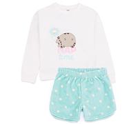 Pusheen The Cat Girls Pijamas | Camiseta de Dibujos Animados para niños Cat Nap Time con Pantalones Cortos de Lana Verde Menta Esponjoso Loungewear Pjs | Mercancía Regalo para Ella