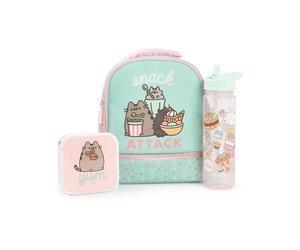 Pusheen the Cat Mint Bolsa de almuerzo, lonchera y botella de bebidas | Snack Attack Set de almuerzo escolar Polkadot para niñas | Botella de agua transparente