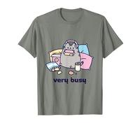 Pusheen Very Busy Gaming Camiseta Camiseta, Hombre, Verde Militar Jaspeado, L