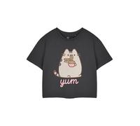 Pusheen Yum Noodles Camiseta Corta Color carbón para Mujer | Camiseta gráfica Top de Manga Corta | Ropa Linda de la Historieta del Gato | Ropa Casual cómoda | Camisa con Estampado de Fideos Yum