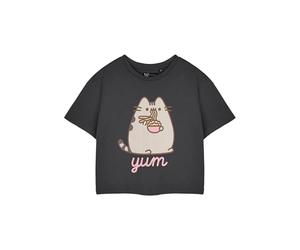Pusheen Yum Noodles Camiseta Corta Color carbón para Mujer | Camiseta gráfica Top de Manga Corta | Ropa Linda de la Historieta del Gato | Ropa Casual cómoda | Camisa con Estampado de Fideos Yum