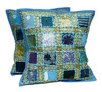 PUSHPACRAFTS Juego de 2 fundas de cojín cuadradas de algodón para decoración del hogar, diseño vintage indio, turquesa y azul claro, con bordado y retazos, 41 x 41 cm