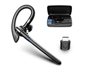 PUSOKEI Auriculares Bluetooth V6.1, Auricular Inalámbrico con Micrófono con Cancelación de Ruido, Estuche de Carga de 500 MAh, Dongle USB y Tecla de Silencio, Tiempo de Conversaci