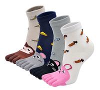 PUTUO Calcetines Cinco Dedos para Niñas Niños Calcetines de Algodón, Niños Calcetines de Animales Deportes Casual Cómodo, Prevenir el hallux valgus, 3-12 Años, 4 Pares
