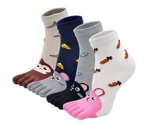 PUTUO Calcetines Cinco Dedos para Niños y Niñas, Calcetines de Algodón, Animales, Comodidad, Prevención Hallux Valgus, 7-12 Años, 4 Pares Multicolor-4