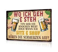 Putuo Decor Divertida decoración de pared de cerveza, con texto en alemán "Wwo ich geh und stand" - Vintage Metall Schild für Bar, Küche, Partyraum (sitz & sauf)