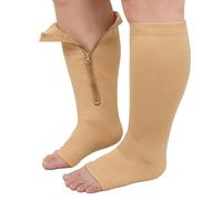 PUTUO Medias de Compresion Talla Grande: Calcetines Compresión con Cremallera Punta Abierta Hombre Mujer Beige 4XL 1par