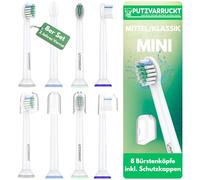 PUTZVARRUCKT 8 cabezales pequeños (mini) 10 x 15 mm, limpieza clásica para dientes estrechos, niños y horquillas, forma de U, tapas protectoras y anillos de color, apto para todos los modelos Philips