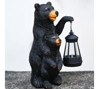 Puupaa Estatuas solares de jardín con luces de oso negro para decoración de jardín y patio, figura de resina para exteriores, adorno alimentado por energía solar para patio