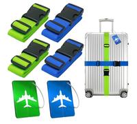 PUWOWYE 4 Correas Maleta Ajustables, Reconocer Fácilmente el Equipaje, Azul y Verde con 2 Etiquetas para Equipaje