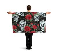 PUYhgb Capa de bandera con estampado de calavera y rosa roja, disfraz de bandera de movimiento libre para ver partidos y fiestas callejeras