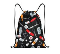 PUYhgb Mochila plegable con cordón ajustable con estampado de medicina de dibujos animados, bolsa de gimnasio para entrenamiento, viajes, yoga y uso diario, Black, S, Mochilas de viaje