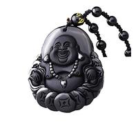 PUYUNA Talismán de estatua Buda, amuleto del dios la fortuna, escultura tallada en obsidiana natural hecha a mano china, collar con colgante suerte