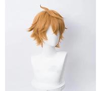 PUYYDS Genshin Impact Tartaglia Cosplay Peluca 30cm Corto marrón Dorado Resistente al Calor Pelo sintético Halloween Anime Cosplay Pelucas + Gorro de Peluca